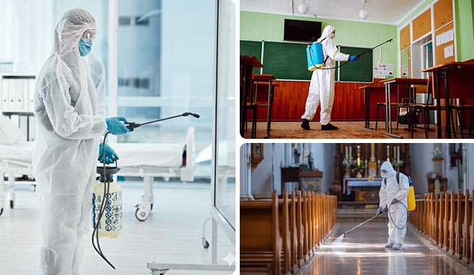 Collage of disinfection services in different locations