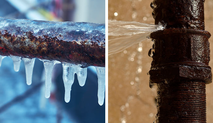 Collage of frozen pipe and burst pipe
