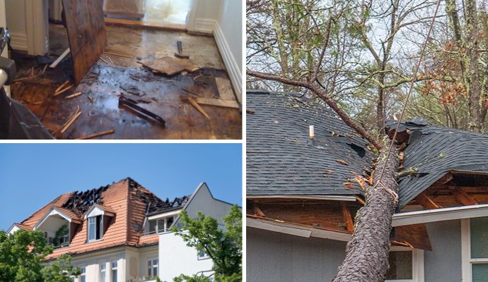Collage of water damaged floor, and fire and storm damaged house