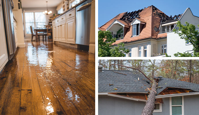 Collage of water damage restoration equipment, a fire-damaged house and a tree fallen during a storm