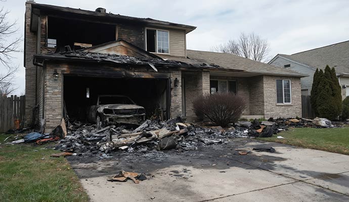 Severely burned house exterior with garage fire damage debris and charred structure