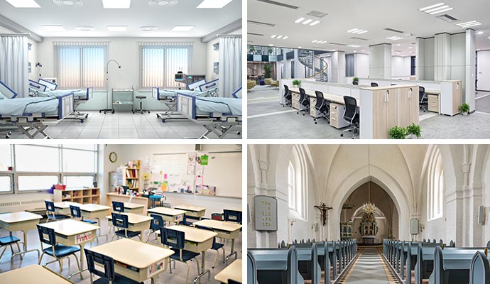 Collage of hospital, office, classroom and church