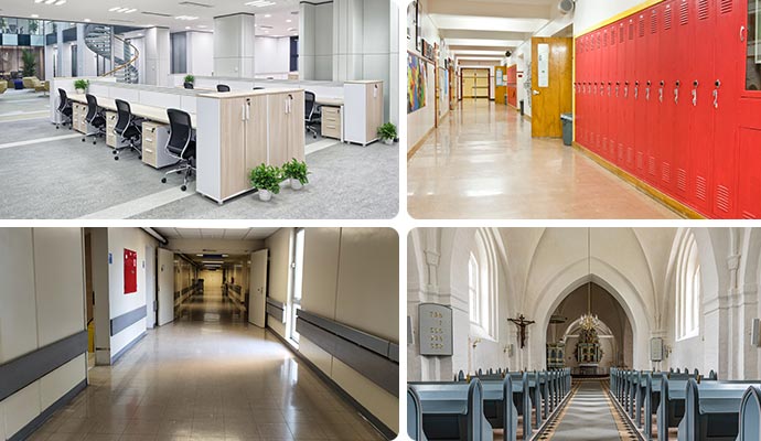 Collage showing clean and organized interiors of an office, school, hospital and church
